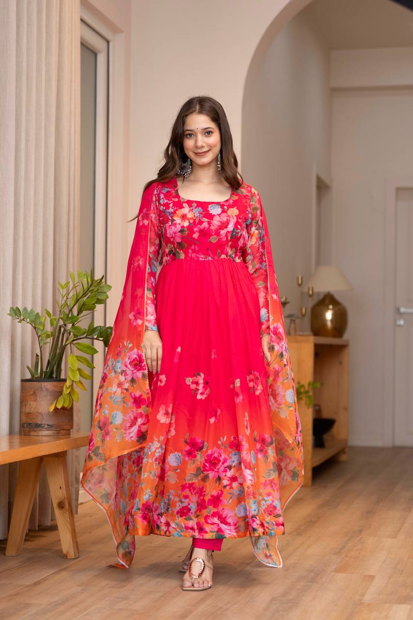 Elegant Floral Print Anarkali Gown with Dupatta – Premium Party Wear for Women