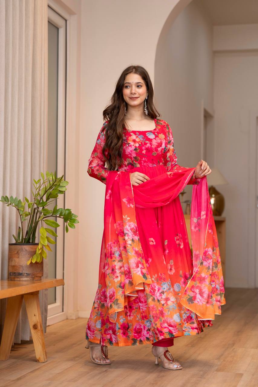 Elegant Floral Print Anarkali Gown with Dupatta – Premium Party Wear for Women