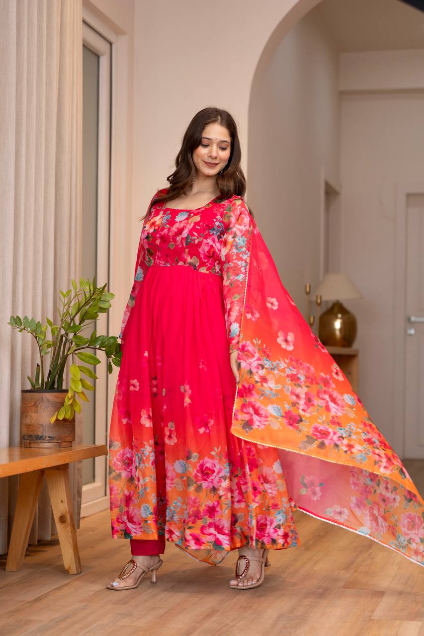 Elegant Floral Print Anarkali Gown with Dupatta – Premium Party Wear for Women