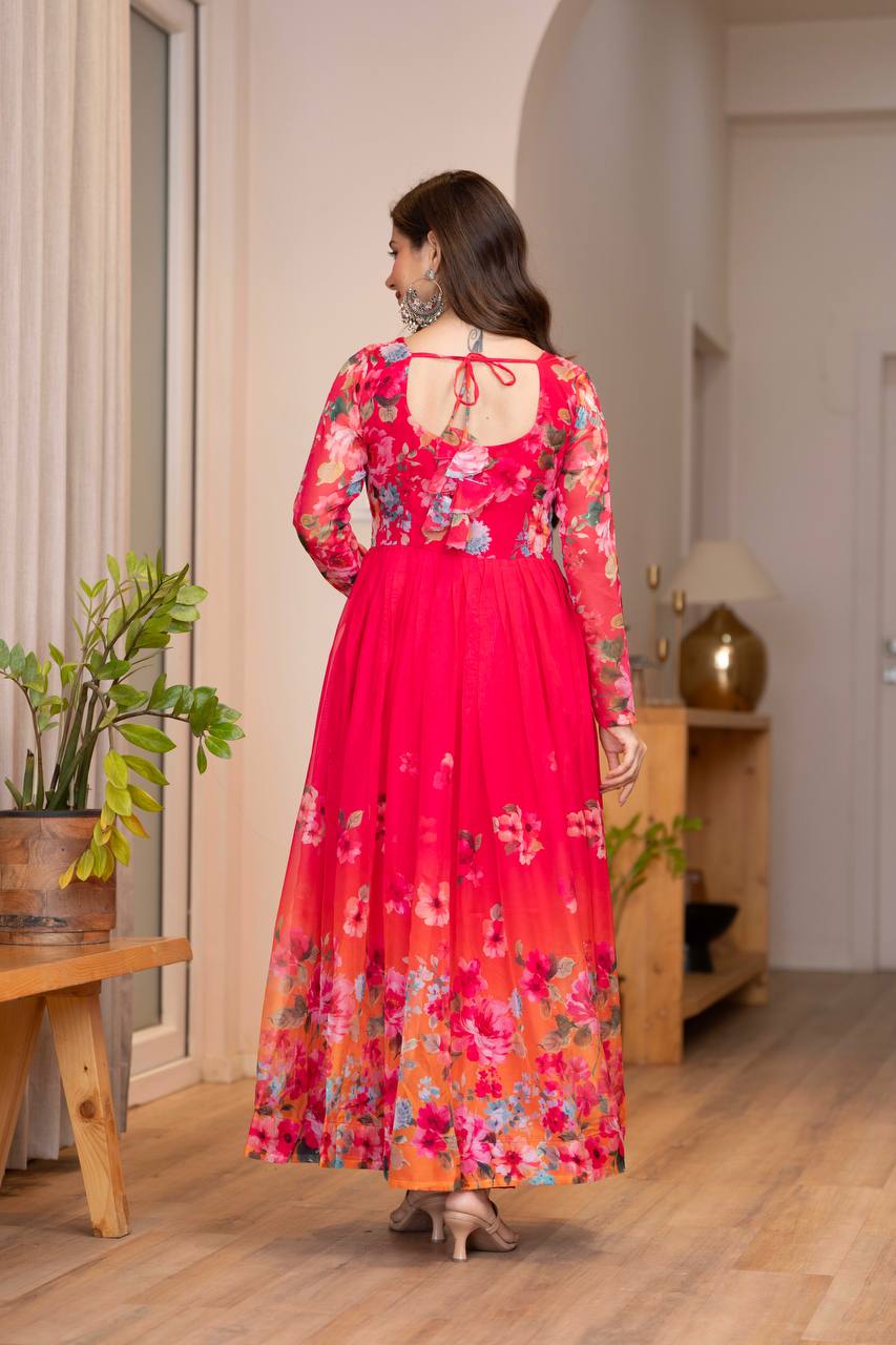 Elegant Floral Print Anarkali Gown with Dupatta – Premium Party Wear for Women