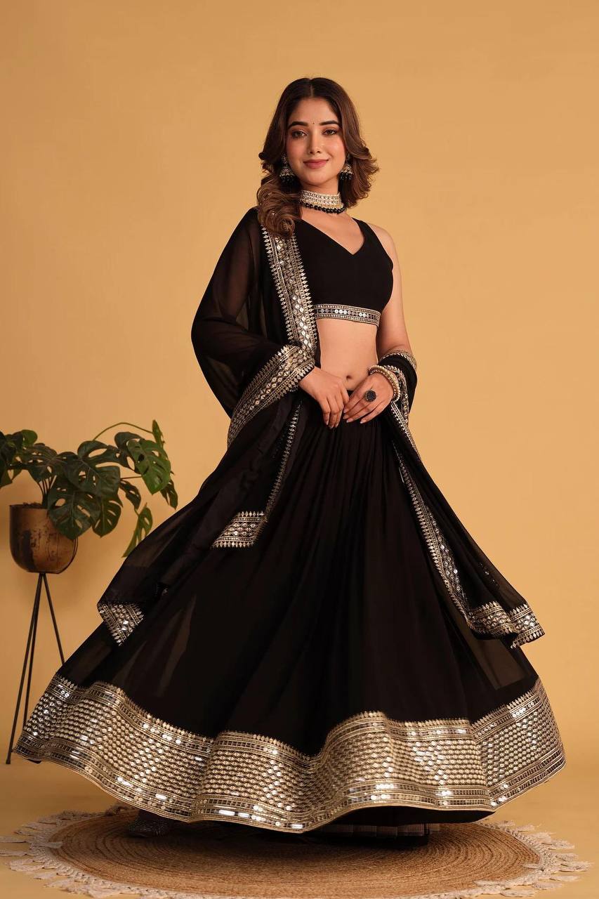 Black Mirror Work Lehenga Choli with Dupatta – Party & Wedding Wear
