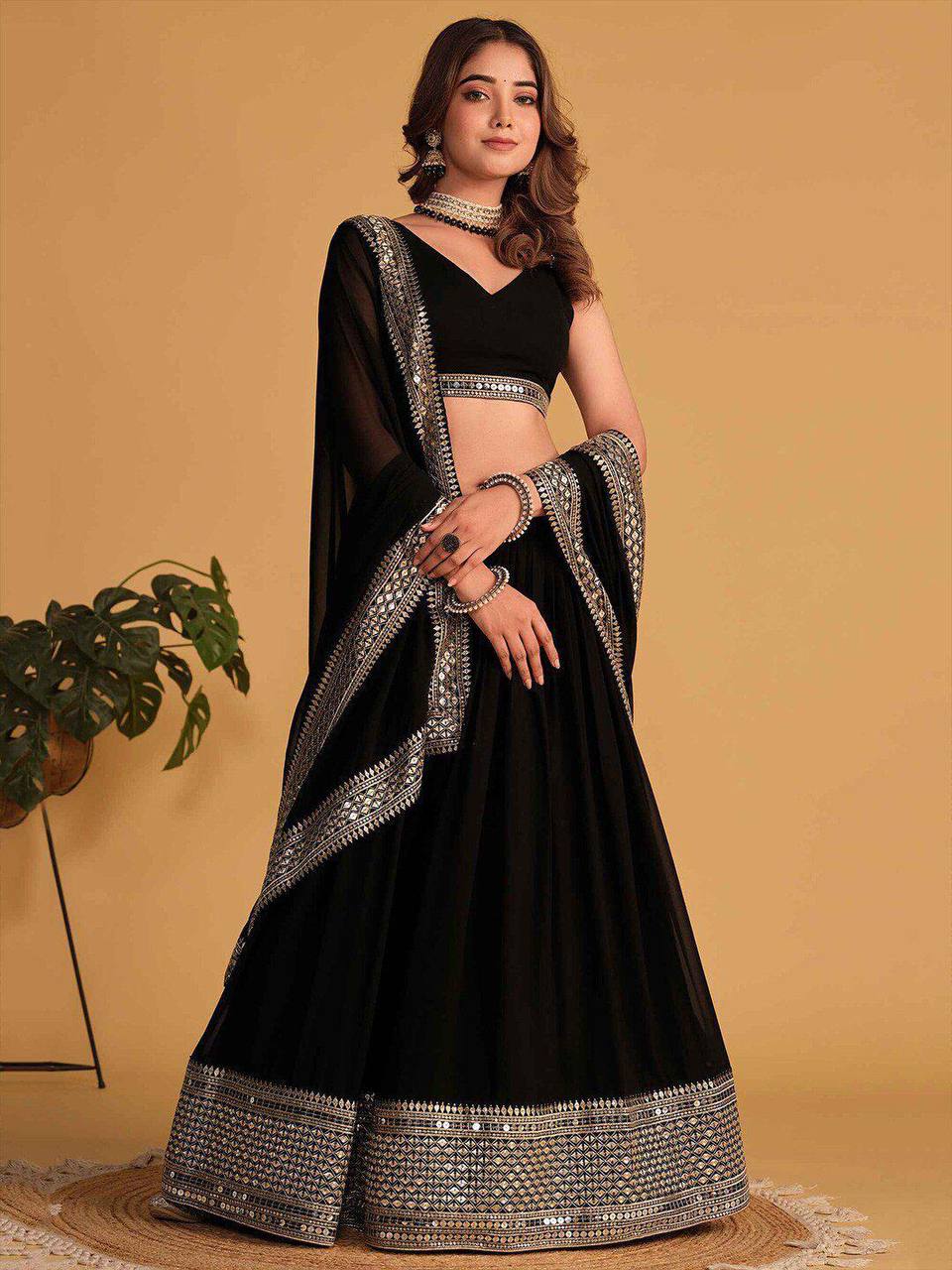 Black Mirror Work Lehenga Choli with Dupatta – Party & Wedding Wear