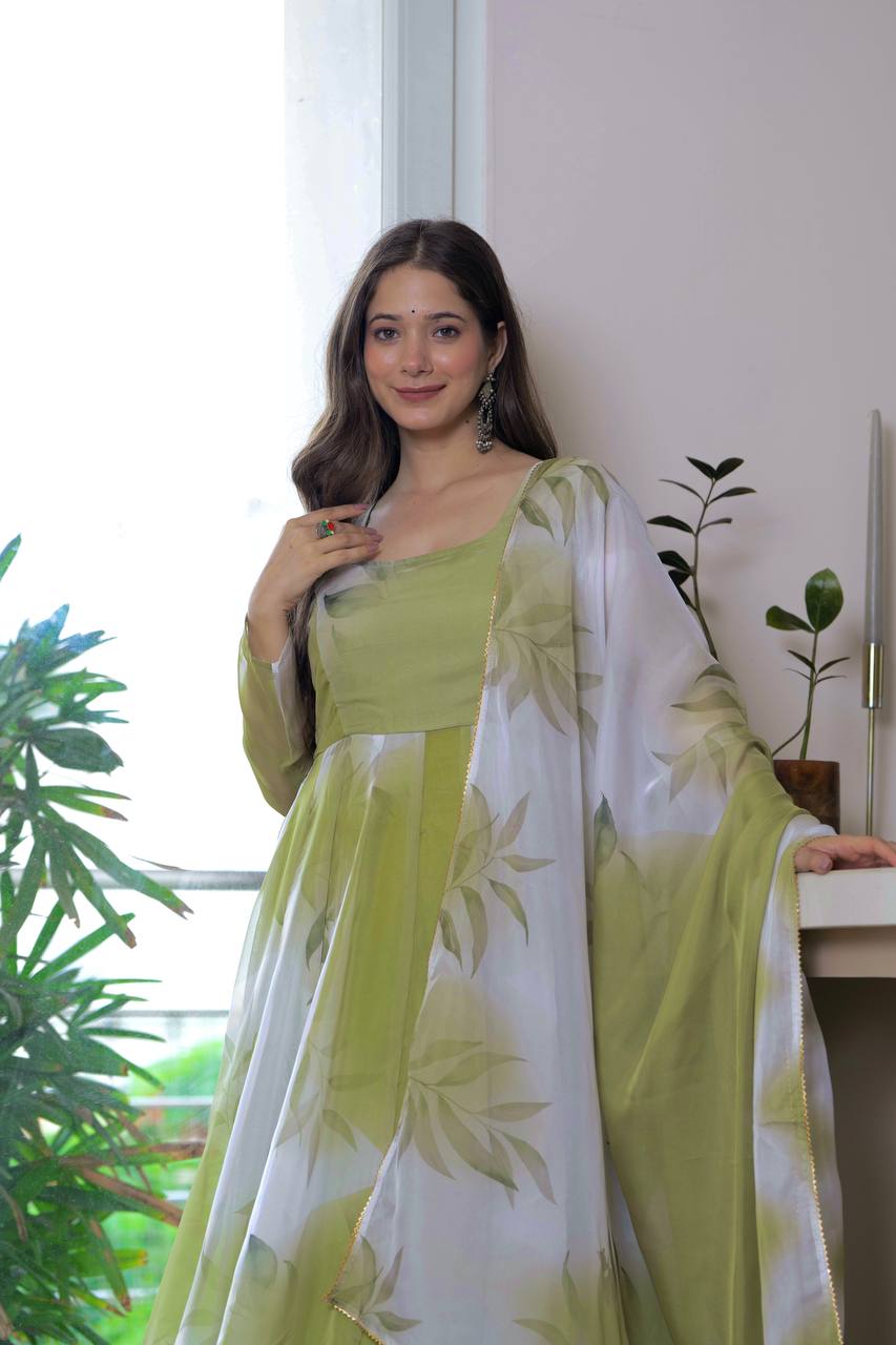 Elegant Mehendi Green Floral Anarkali Gown with Dupatta – Festive & Party Wear for Women