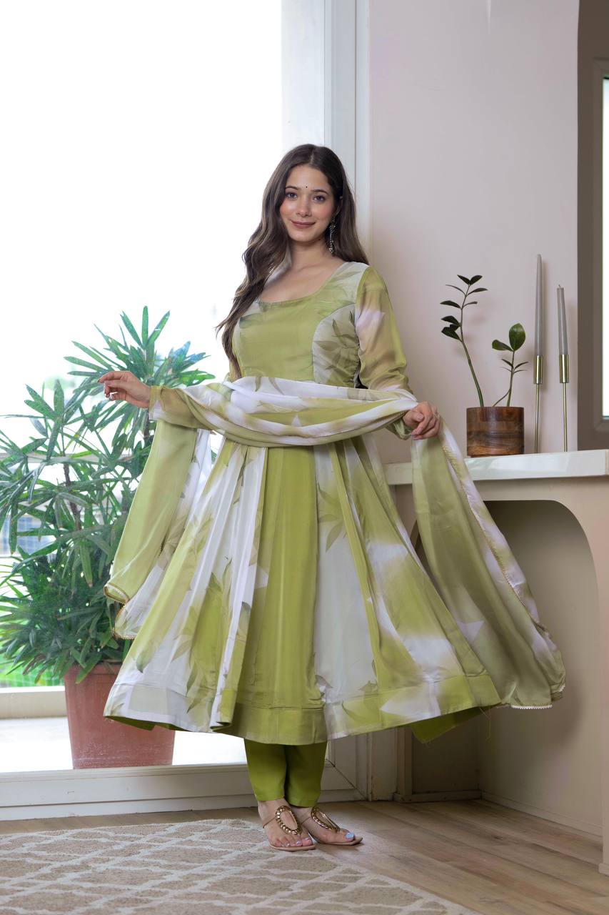 Elegant Mehendi Green Floral Anarkali Gown with Dupatta – Festive & Party Wear for Women