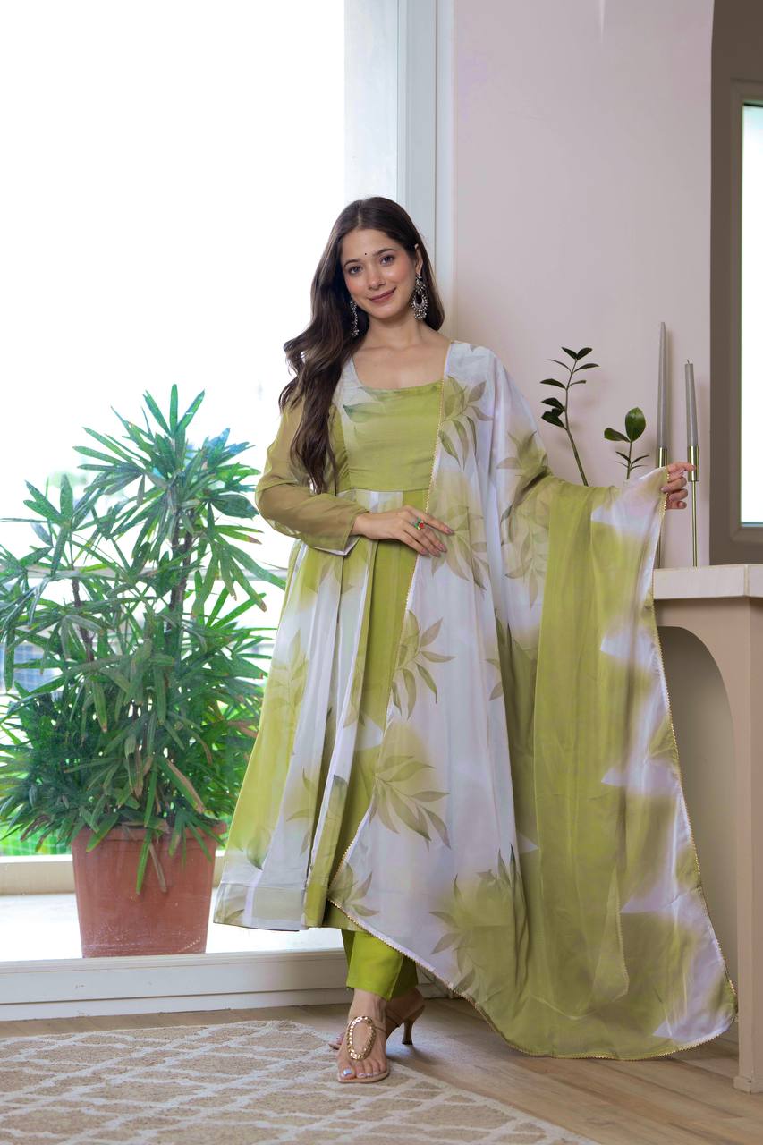 Elegant Mehendi Green Floral Anarkali Gown with Dupatta – Festive & Party Wear for Women