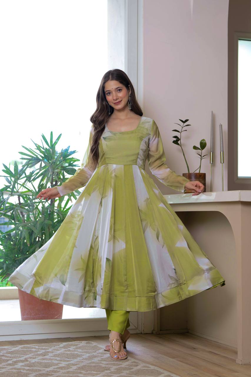 Elegant Mehendi Green Floral Anarkali Gown with Dupatta – Festive & Party Wear for Women