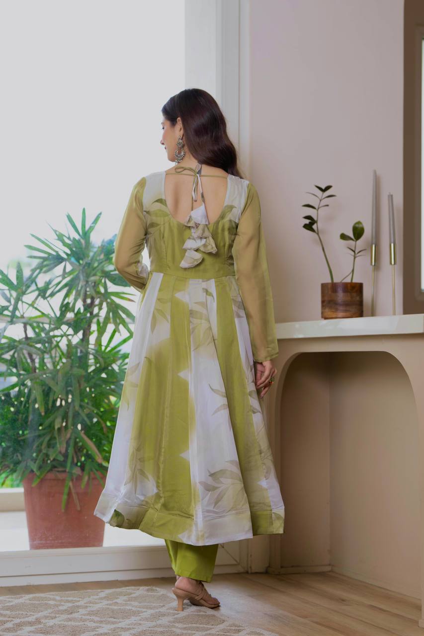 Elegant Mehendi Green Floral Anarkali Gown with Dupatta – Festive & Party Wear for Women