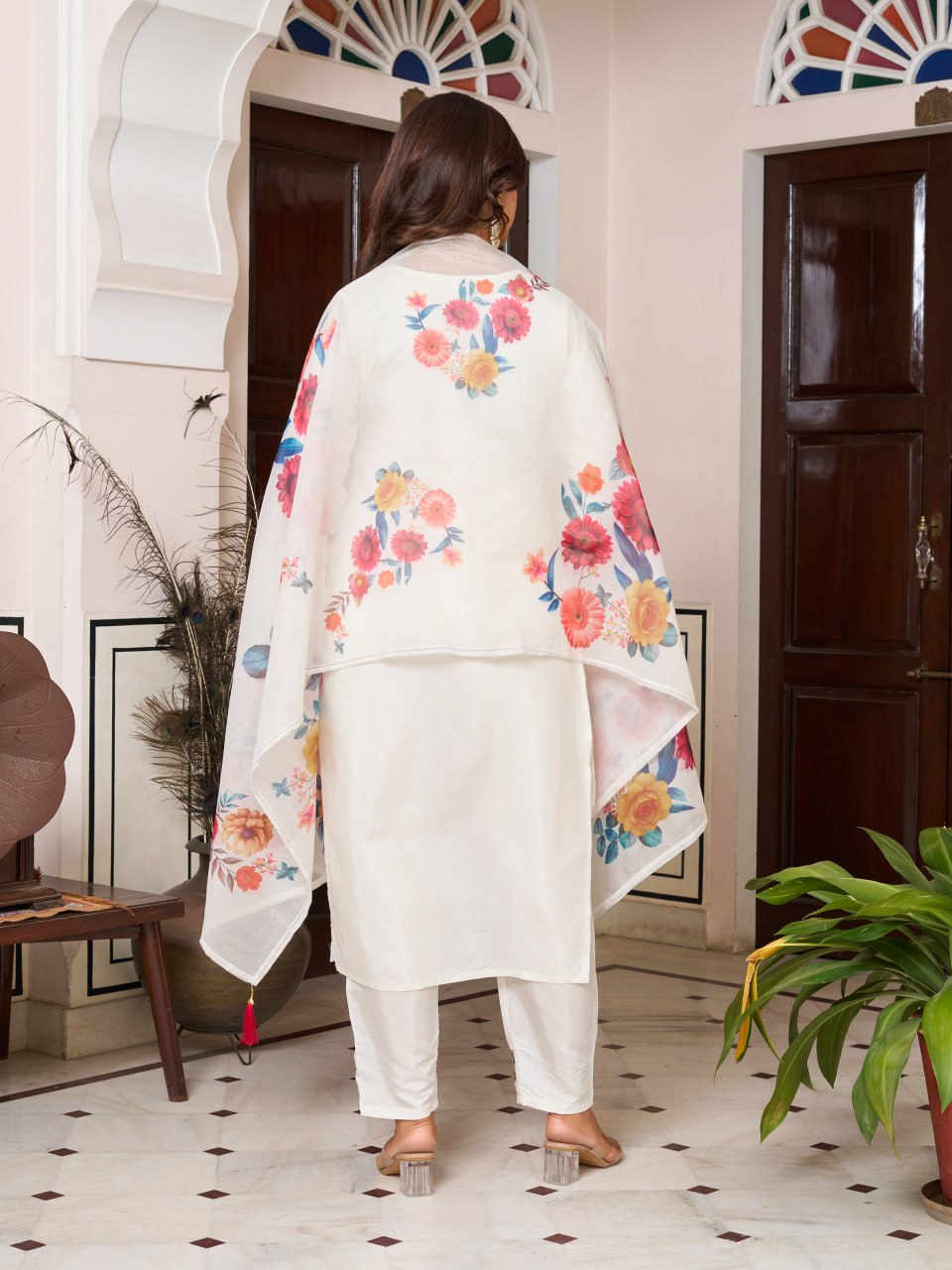 White Embroidered Kurta Set with Floral Printed Dupatta