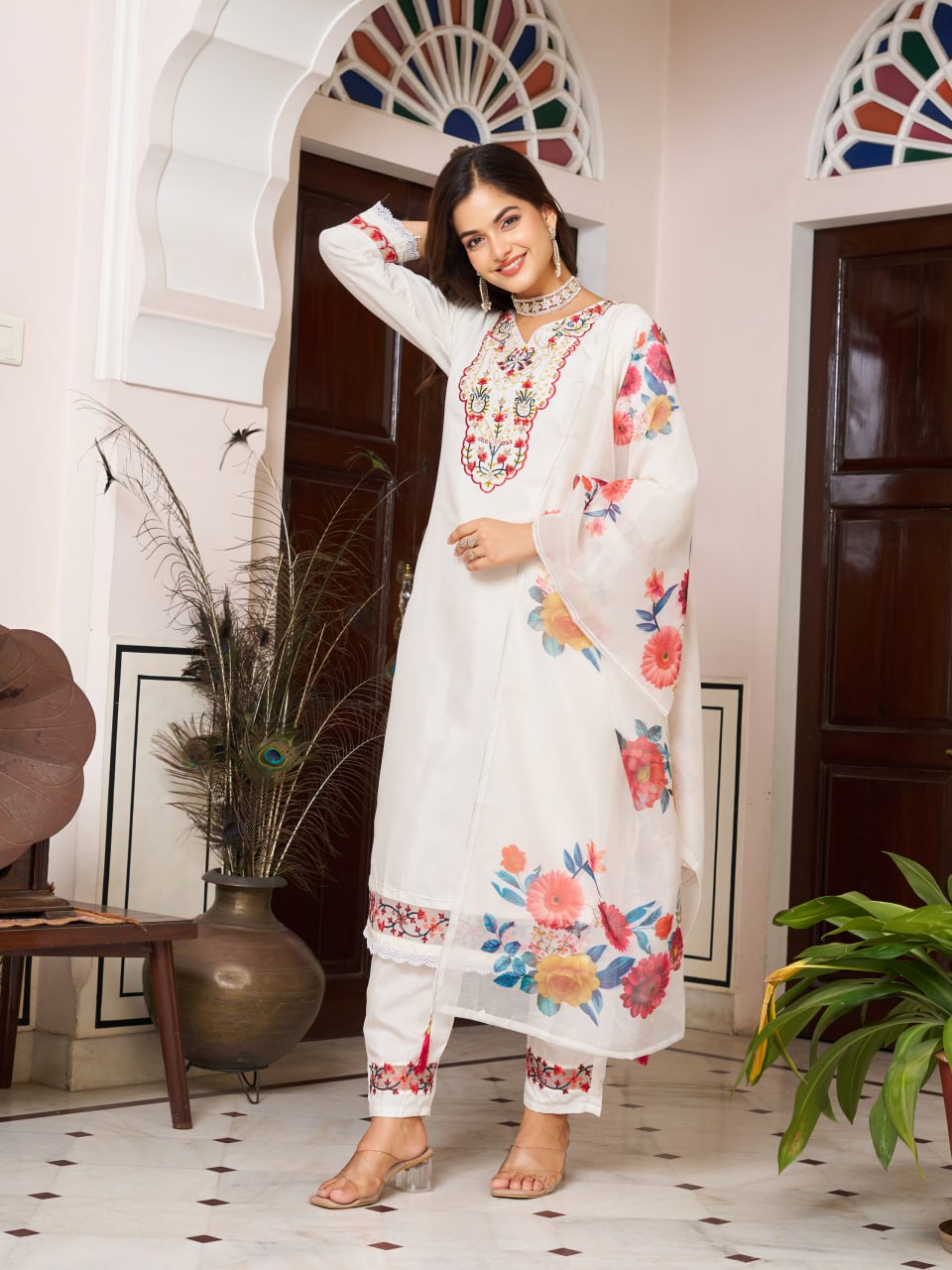 White Embroidered Kurta Set with Floral Printed Dupatta