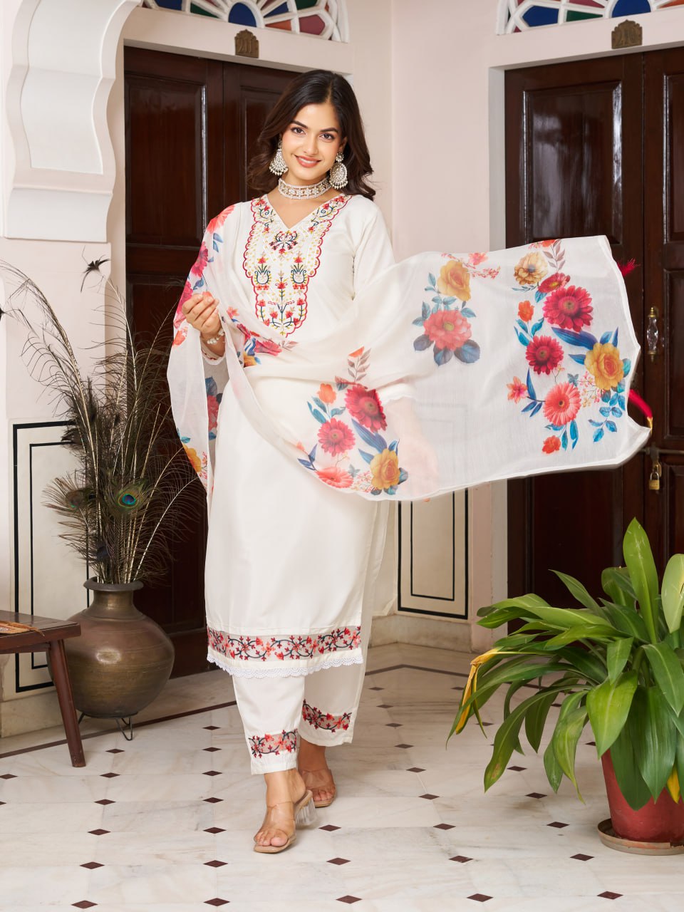 White Embroidered Kurta Set with Floral Printed Dupatta