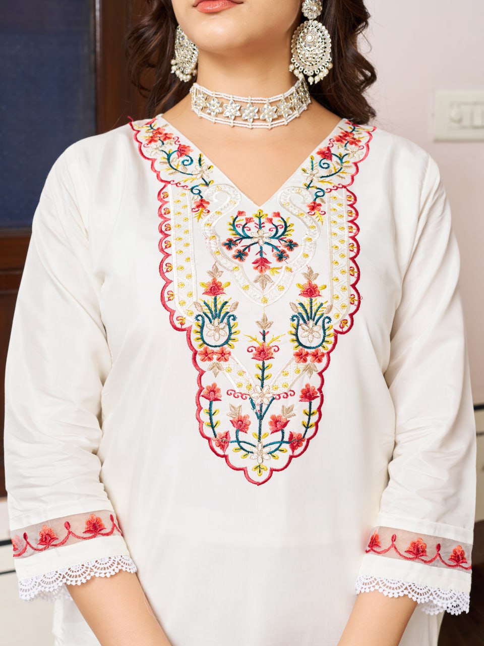White Embroidered Kurta Set with Floral Printed Dupatta