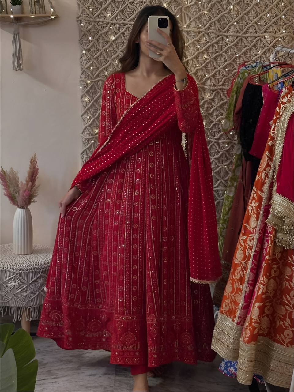 White Embroidered Faux Blooming Anarkali Suit with Dupatta Red