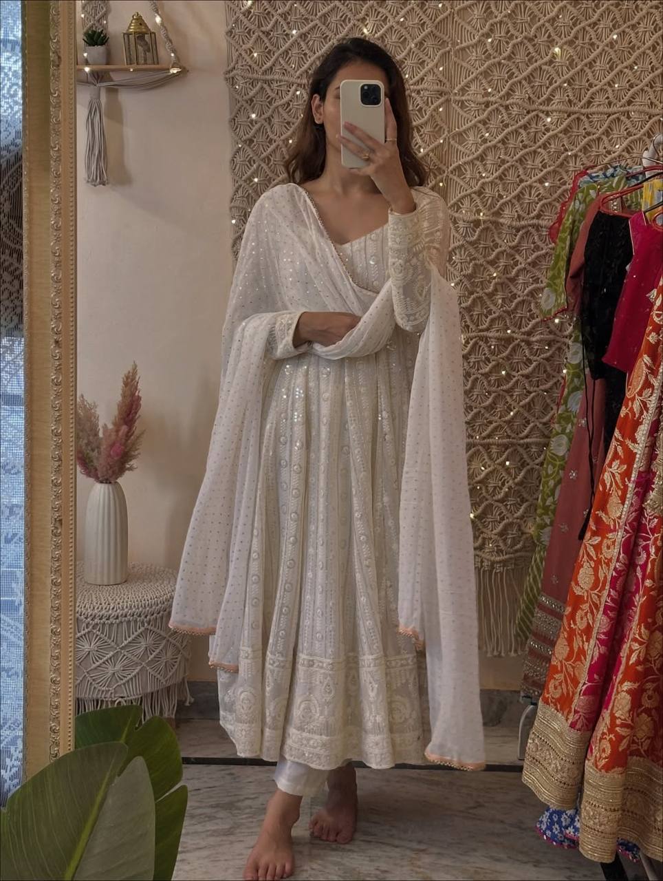 White Embroidered Faux Blooming Anarkali Suit with Dupatta