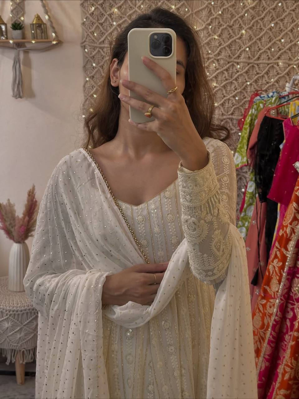 White Embroidered Faux Blooming Anarkali Suit with Dupatta