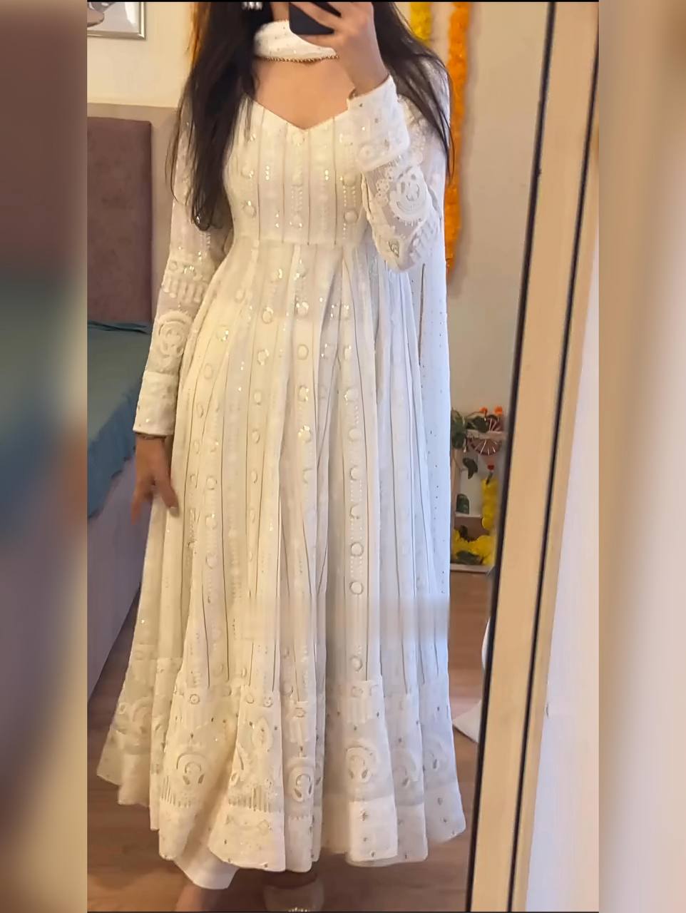 White Embroidered Faux Blooming Anarkali Suit with Dupatta