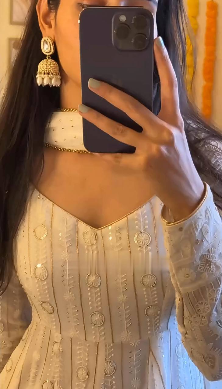 White Embroidered Faux Blooming Anarkali Suit with Dupatta