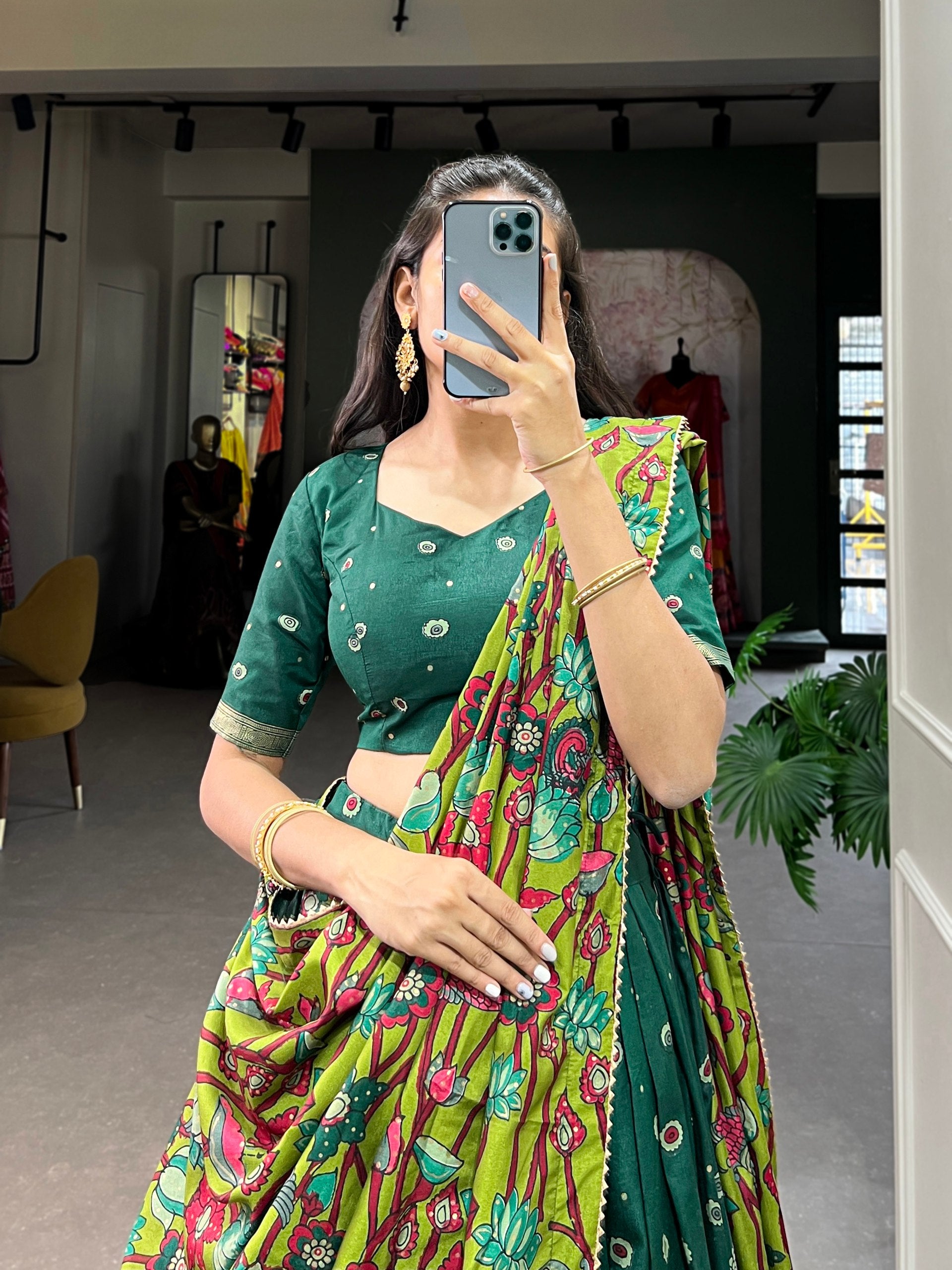 Royal Green Kalamkari Printed Lehenga Set with Dupatta