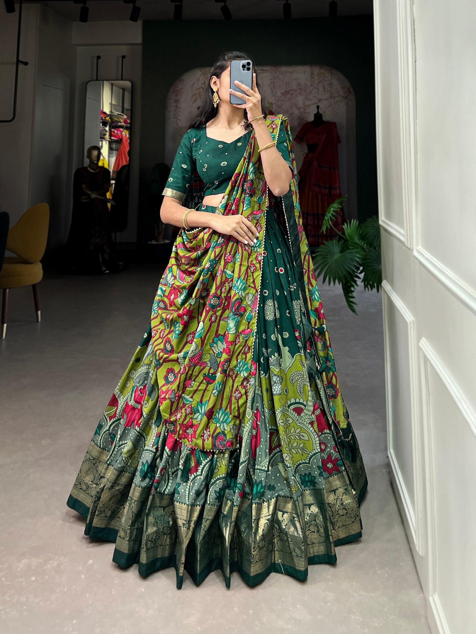Royal Green Kalamkari Printed Lehenga Set with Dupatta