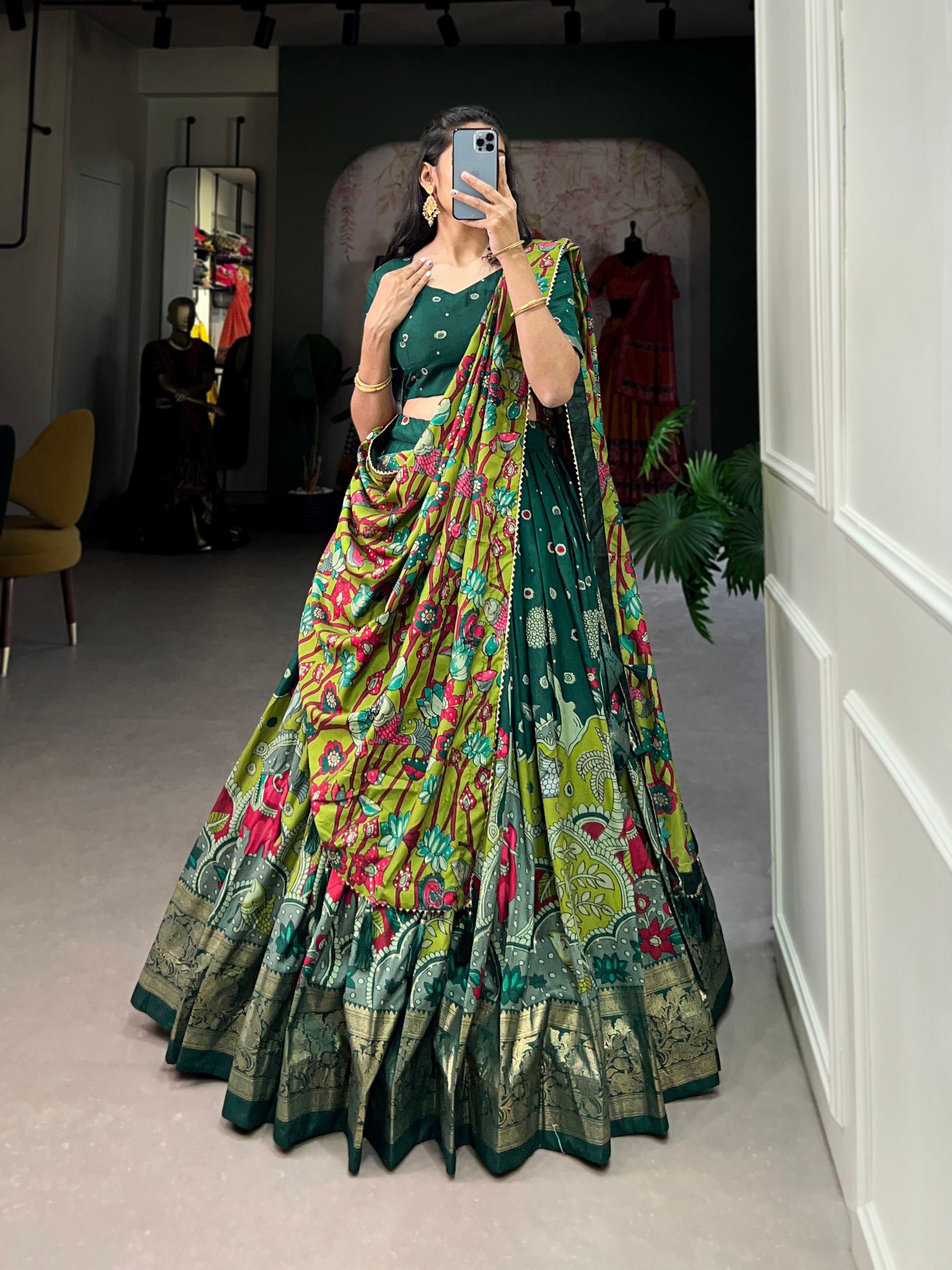 Royal Green Kalamkari Printed Lehenga Set with Dupatta