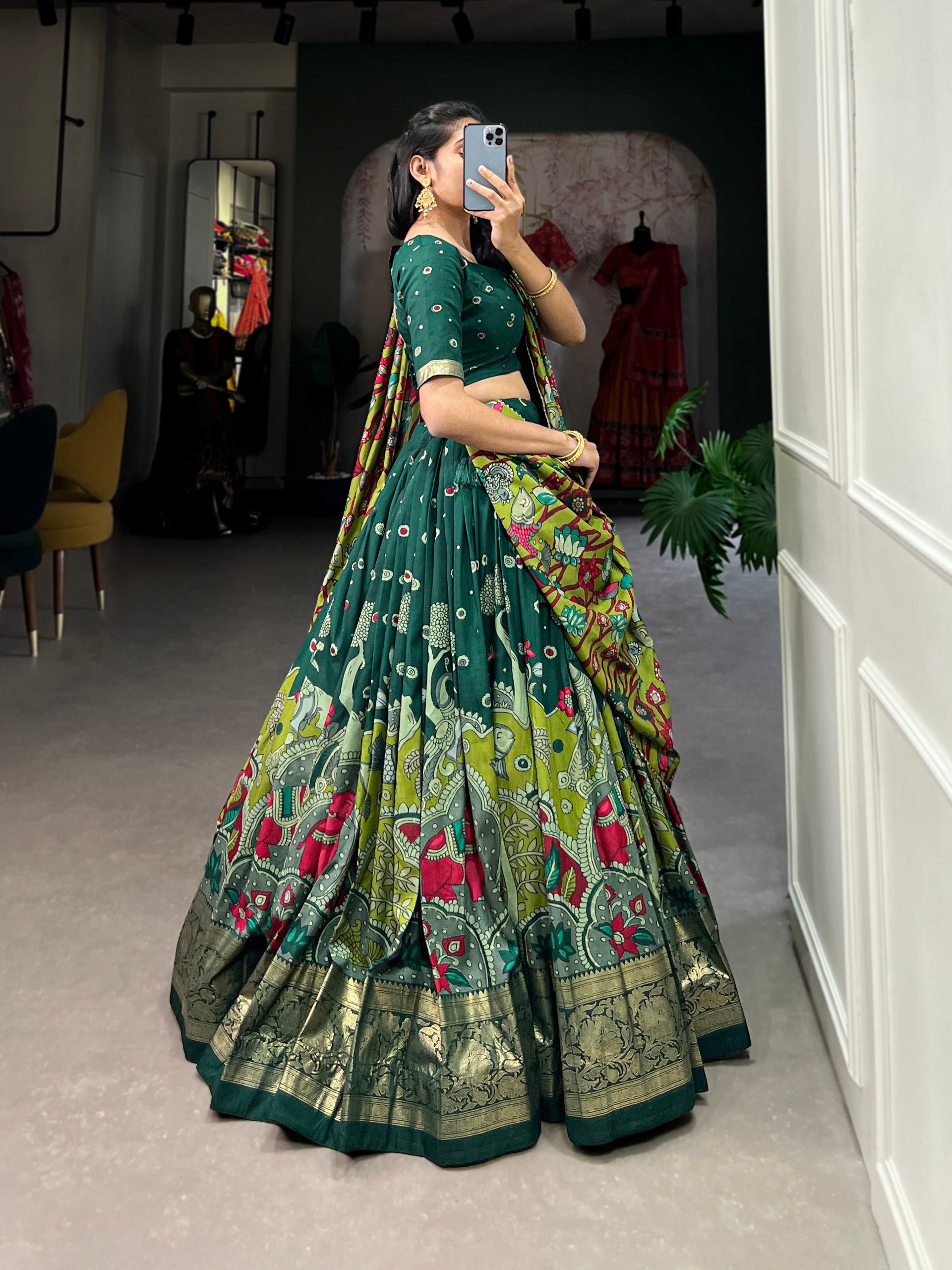 Royal Green Kalamkari Printed Lehenga Set with Dupatta