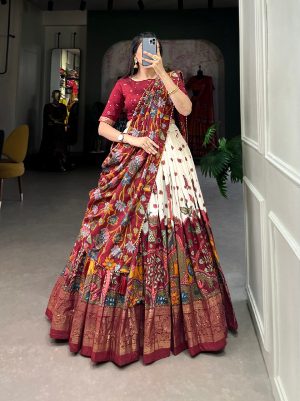 Royal White Kalamkari Printed Lehenga Set with Dupatta