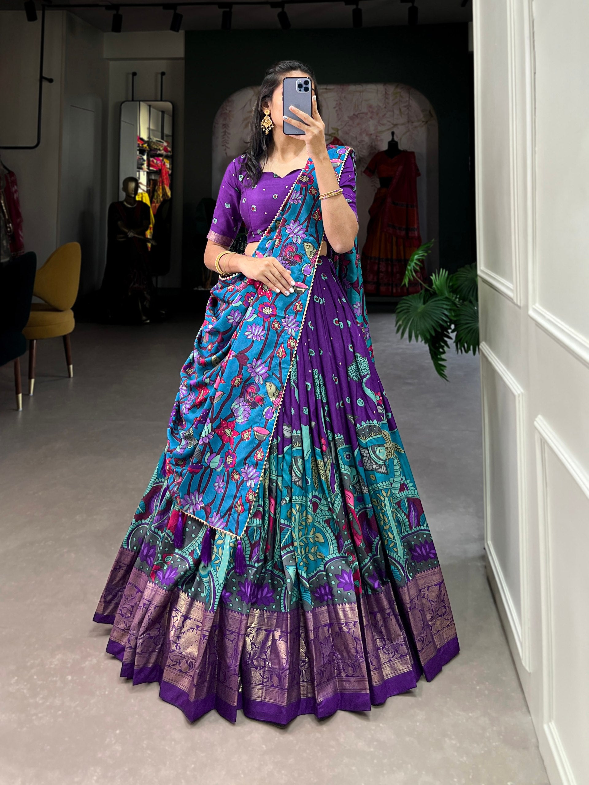Royal Purple Kalamkari Printed Lehenga Set with Dupatta