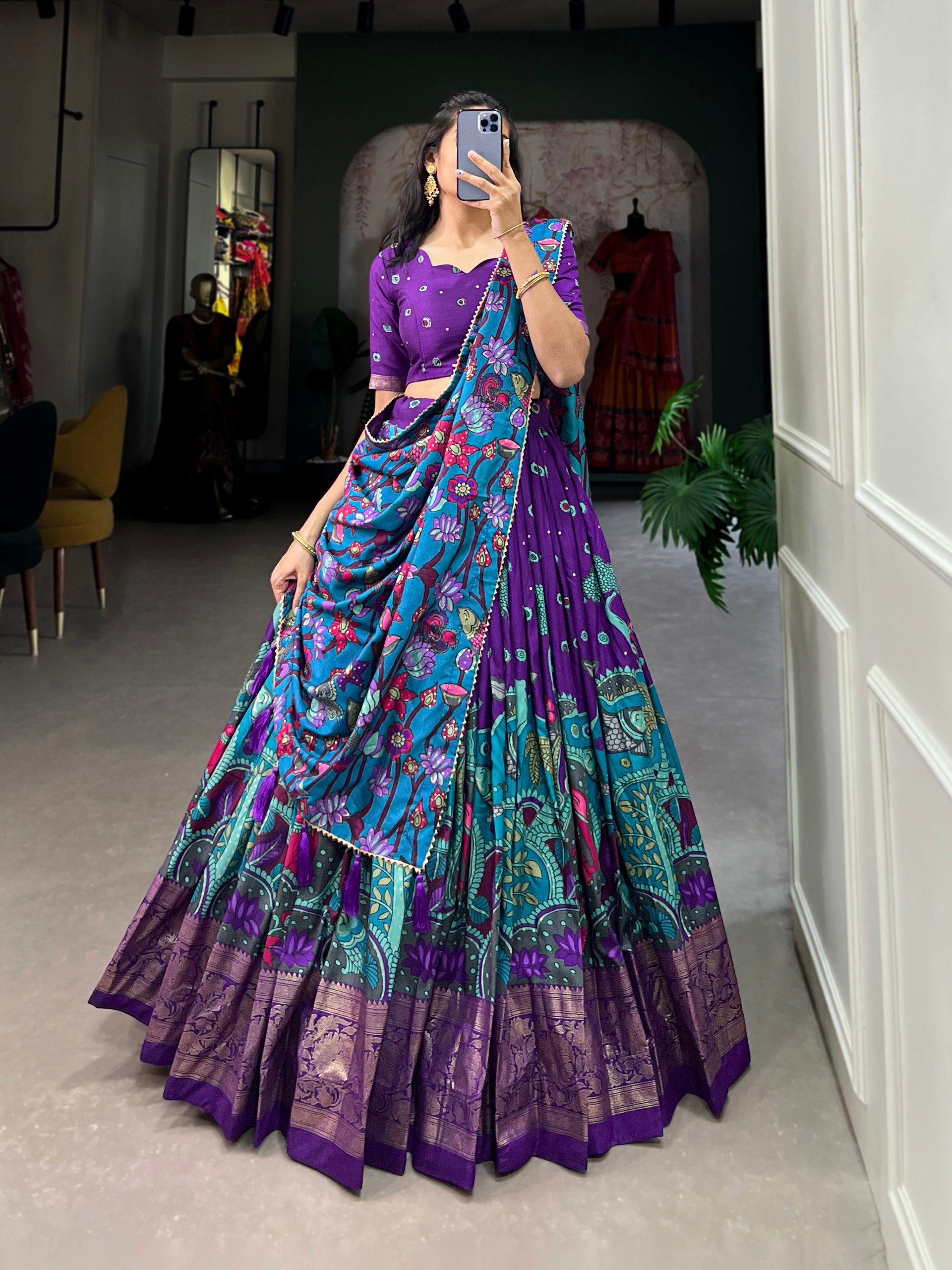 Royal Purple Kalamkari Printed Lehenga Set with Dupatta