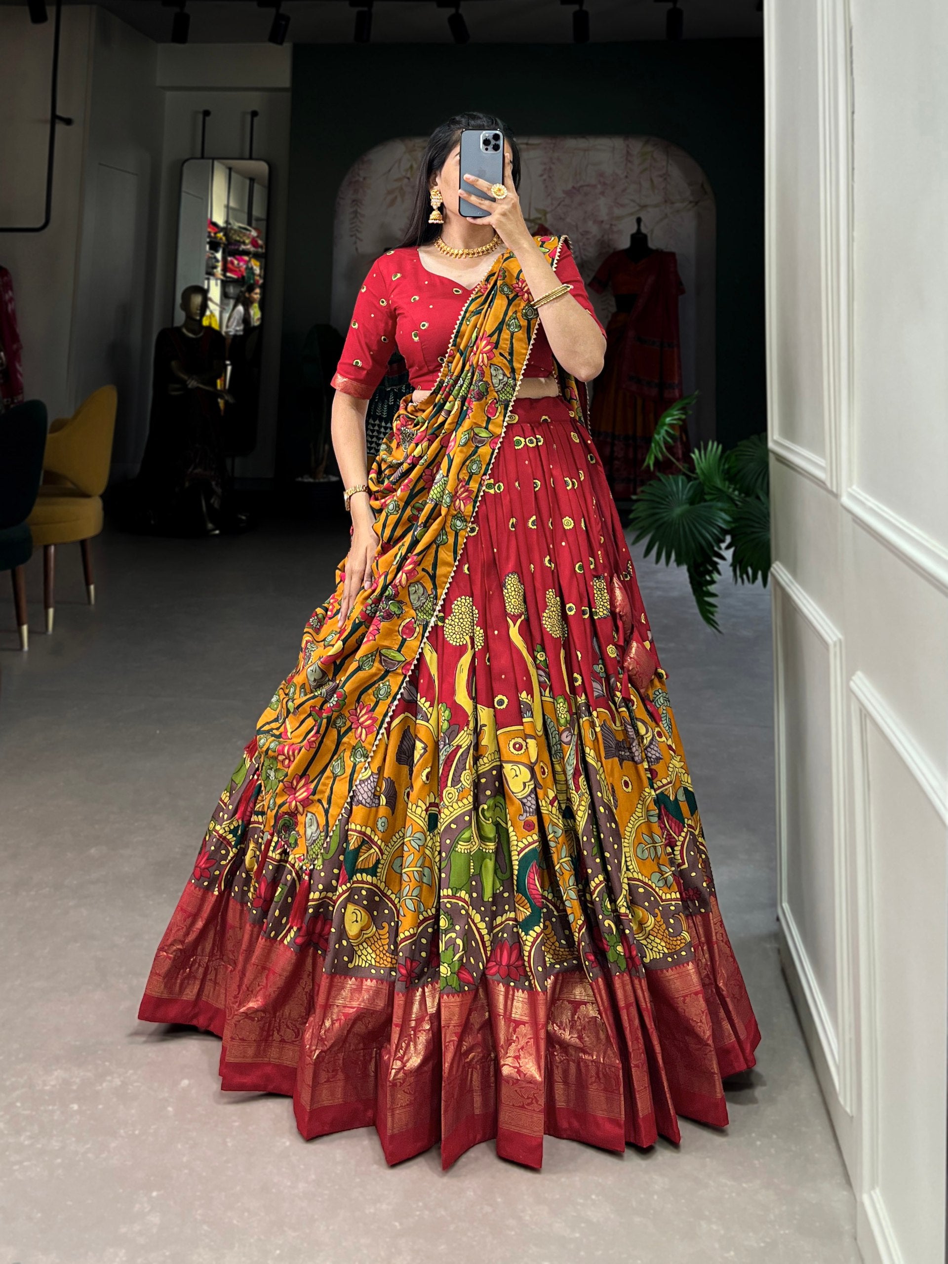 Royal Maroon Kalamkari Printed Lehenga Set with Dupatta