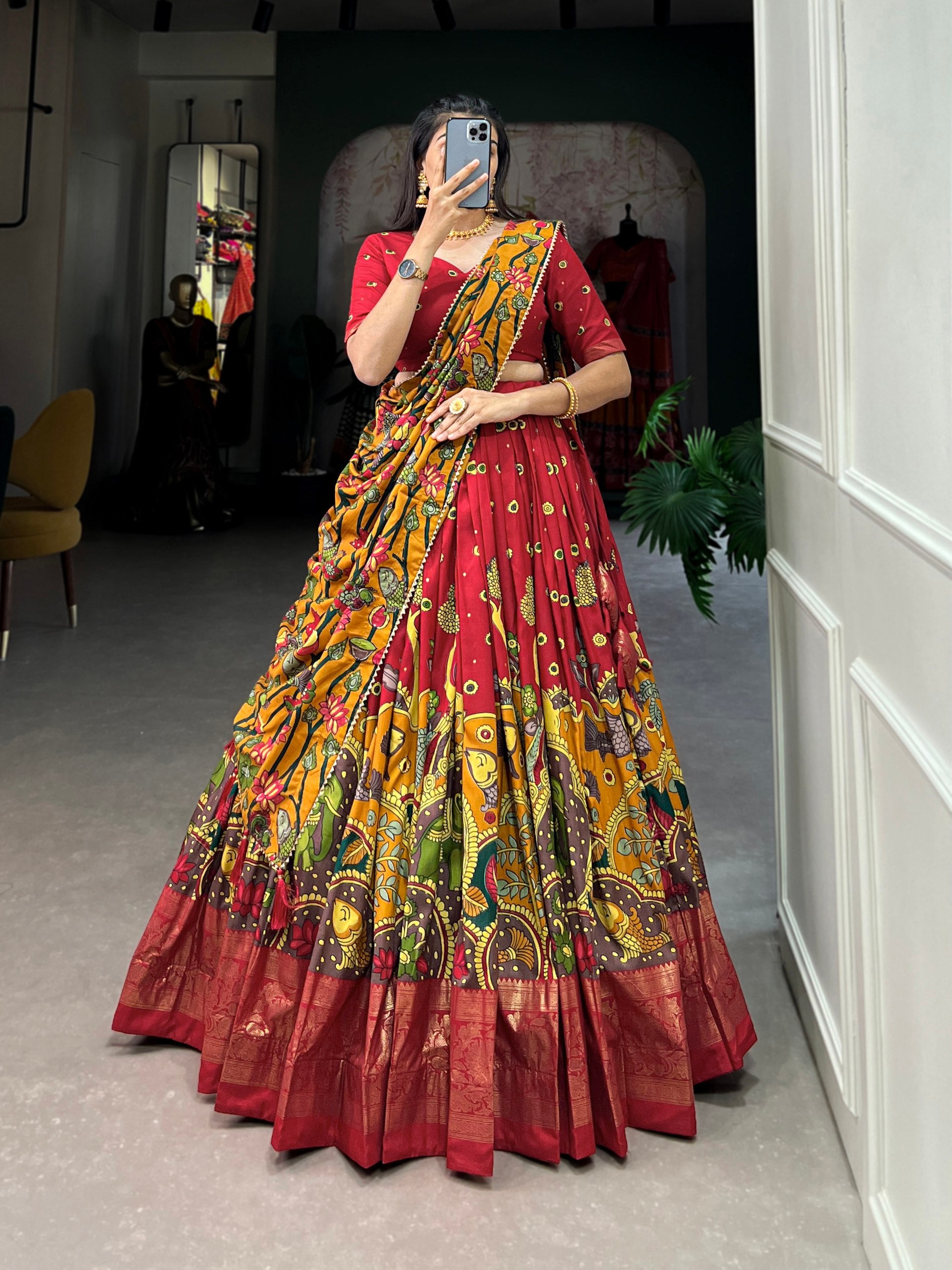 Royal Maroon Kalamkari Printed Lehenga Set with Dupatta
