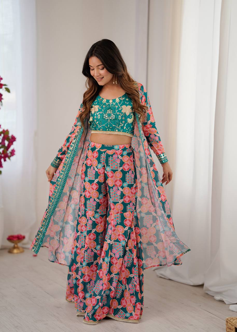 Designer Mehendi Green Printed Lehenga Set with Crop Top & Shrug – Festive & Wedding Wear