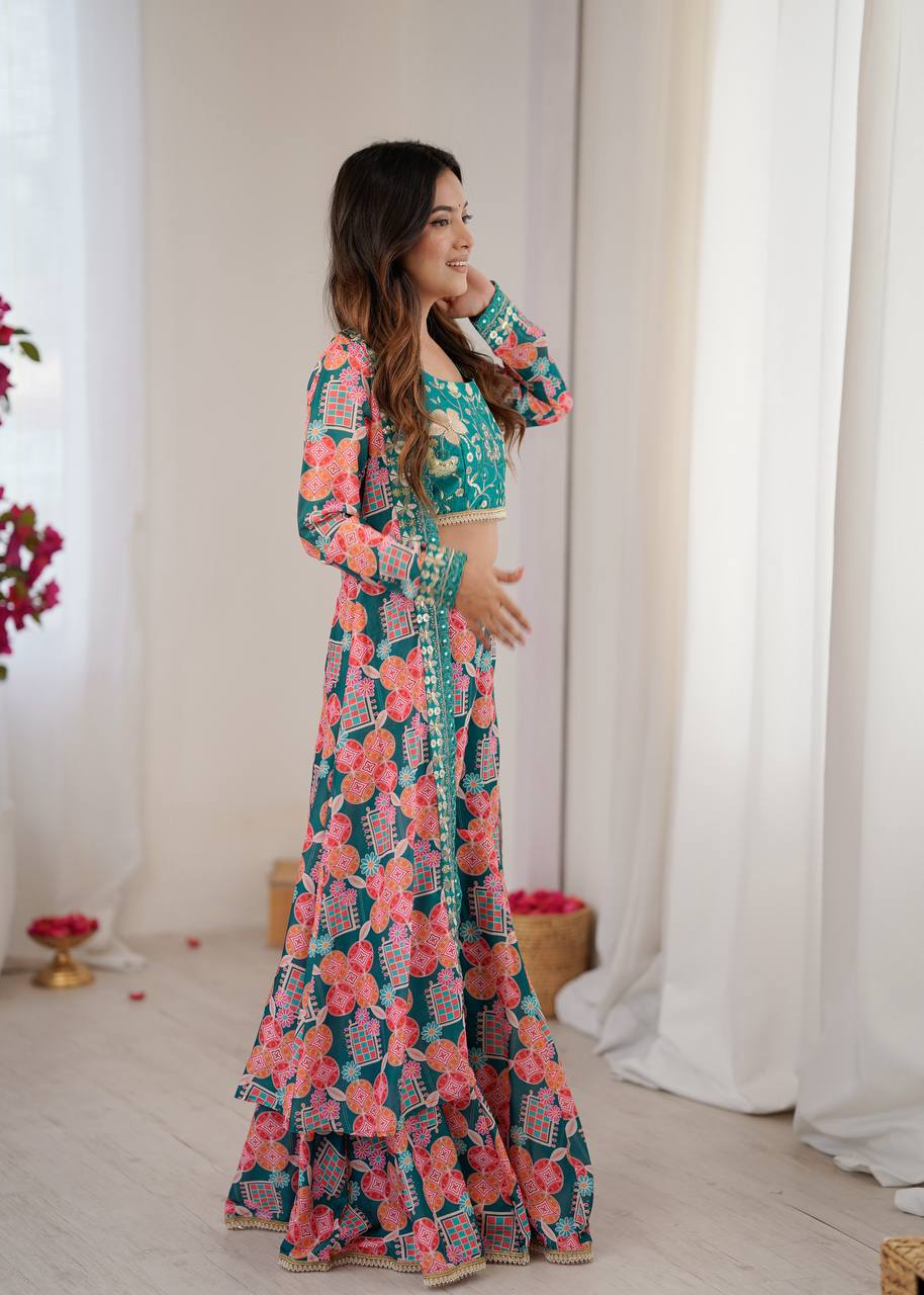 Designer Mehendi Green Printed Lehenga Set with Crop Top & Shrug – Festive & Wedding Wear