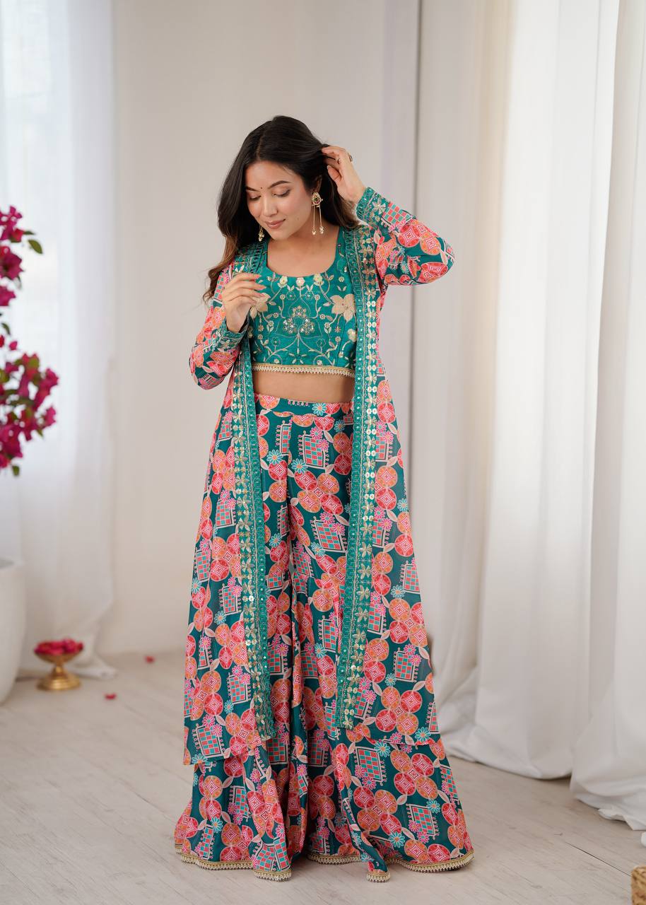Designer Mehendi Green Printed Lehenga Set with Crop Top & Shrug – Festive & Wedding Wear