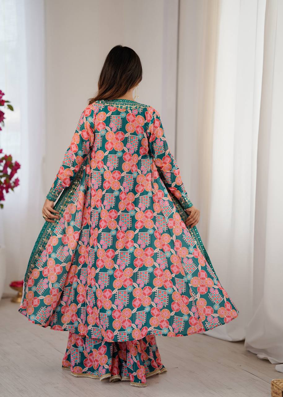 Designer Mehendi Green Printed Lehenga Set with Crop Top & Shrug – Festive & Wedding Wear