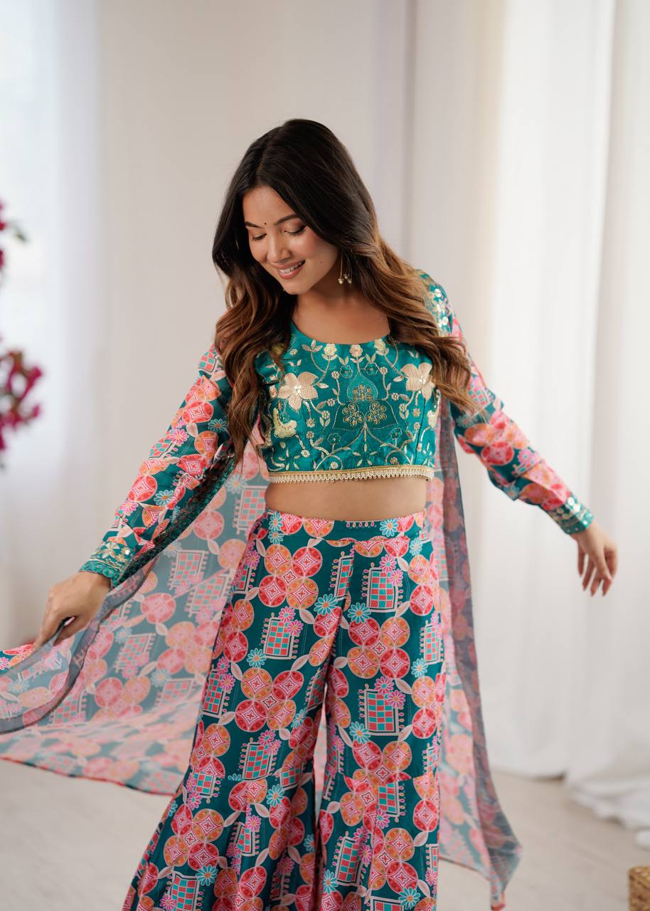 Designer Mehendi Green Printed Lehenga Set with Crop Top & Shrug – Festive & Wedding Wear