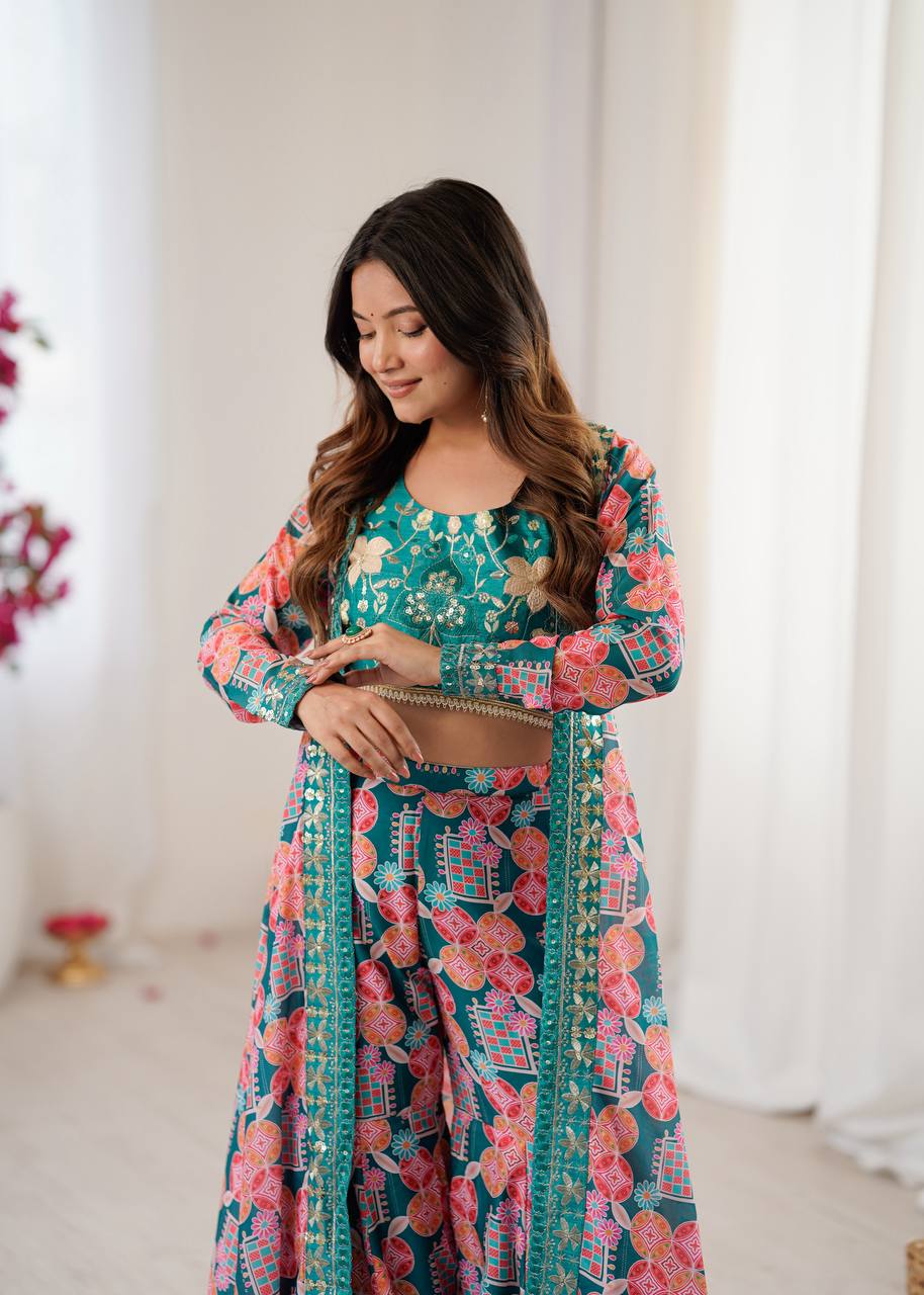 Designer Mehendi Green Printed Lehenga Set with Crop Top & Shrug – Festive & Wedding Wear