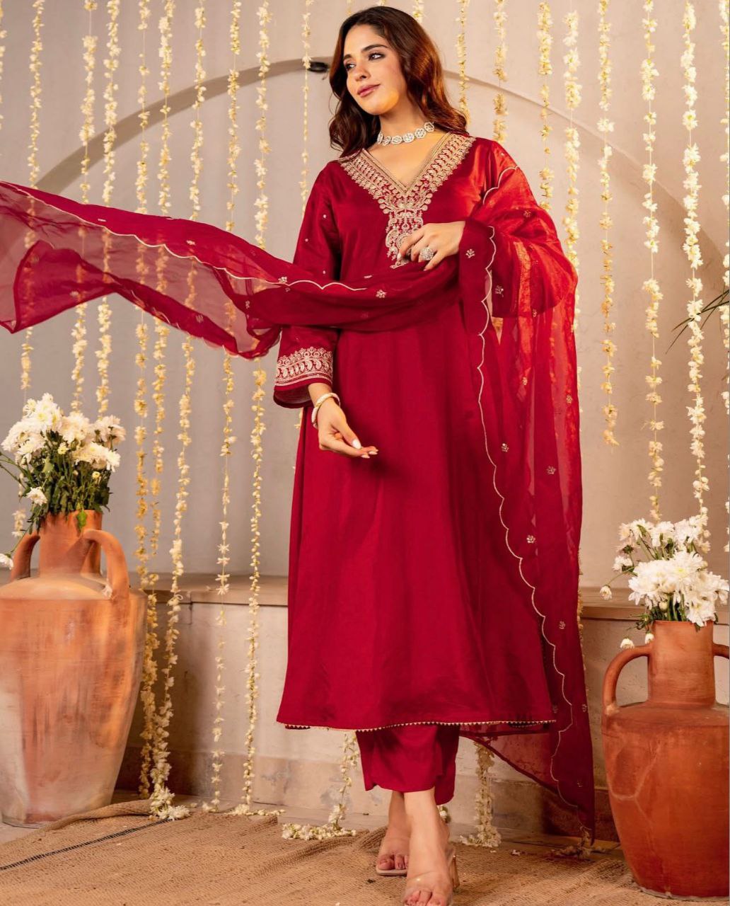 ✨ Elegant Red Embroidered Kurta Pant Set with Organza Dupatta – Festive & Wedding Ethnic Wear for Women