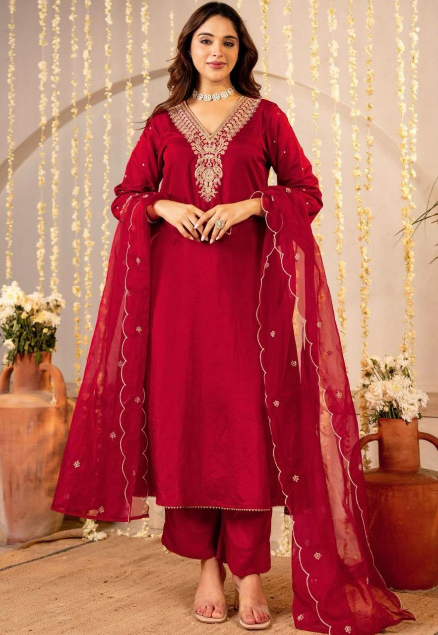 ✨ Elegant Red Embroidered Kurta Pant Set with Organza Dupatta – Festive & Wedding Ethnic Wear for Women
