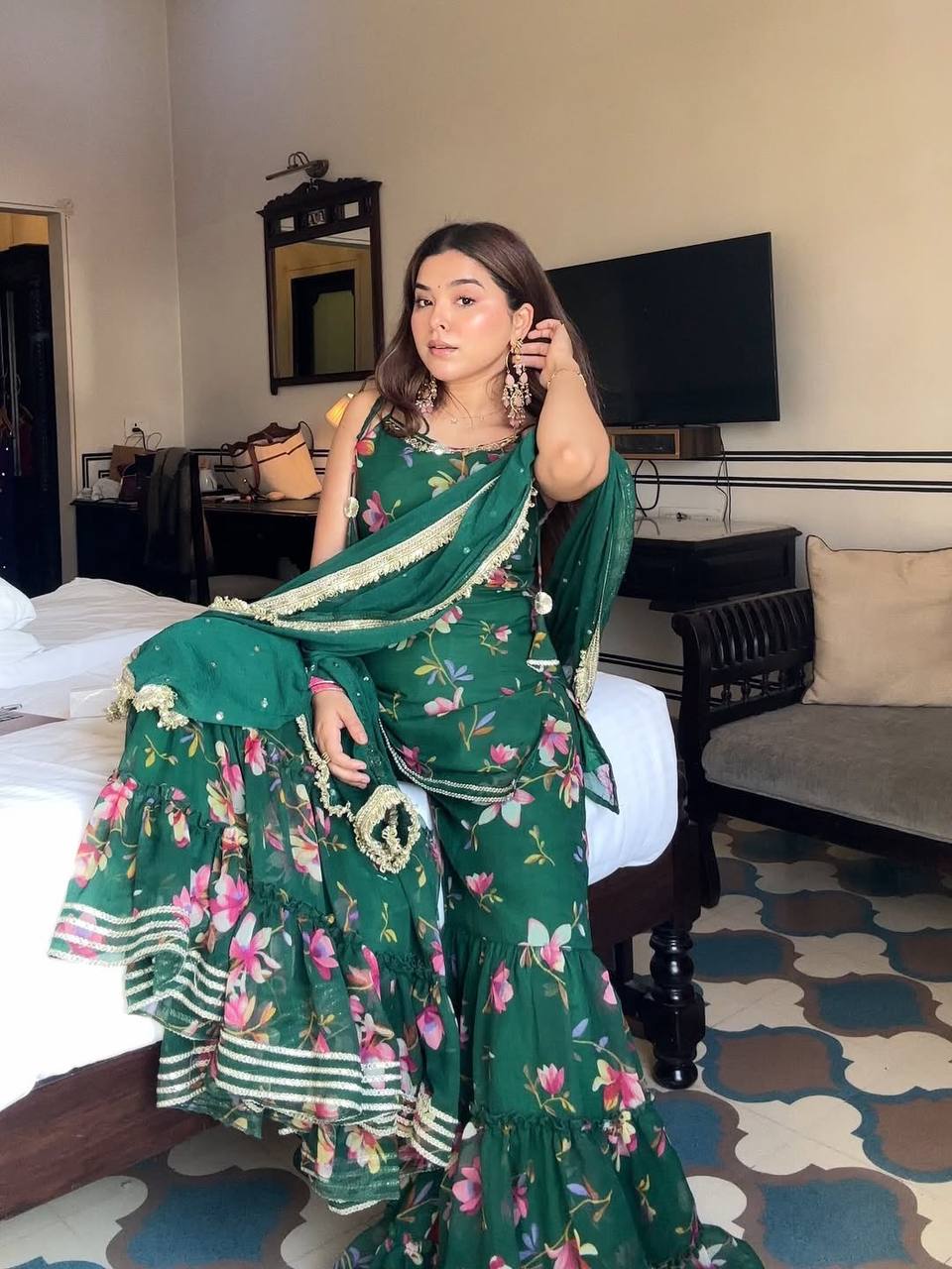 Emerald Bloom Floral Printed Faux Georgette Sharara Set with Dupatta – Festive & Party Wear for Women