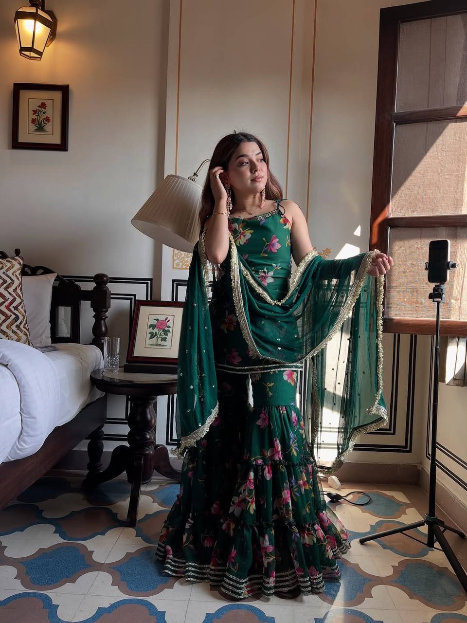 Emerald Bloom Floral Printed Faux Georgette Sharara Set with Dupatta – Festive & Party Wear for Women
