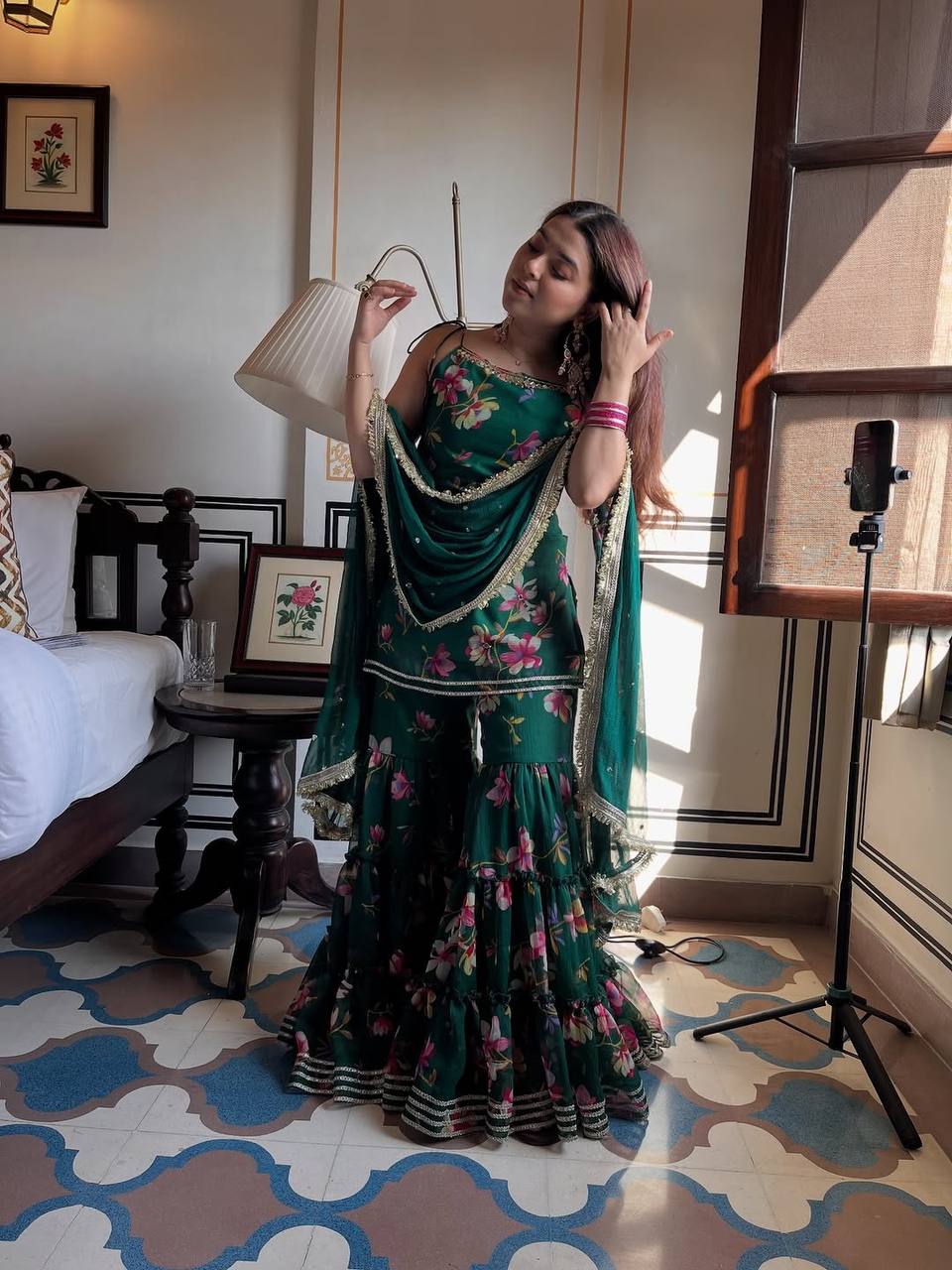 Emerald Bloom Floral Printed Faux Georgette Sharara Set with Dupatta – Festive & Party Wear for Women