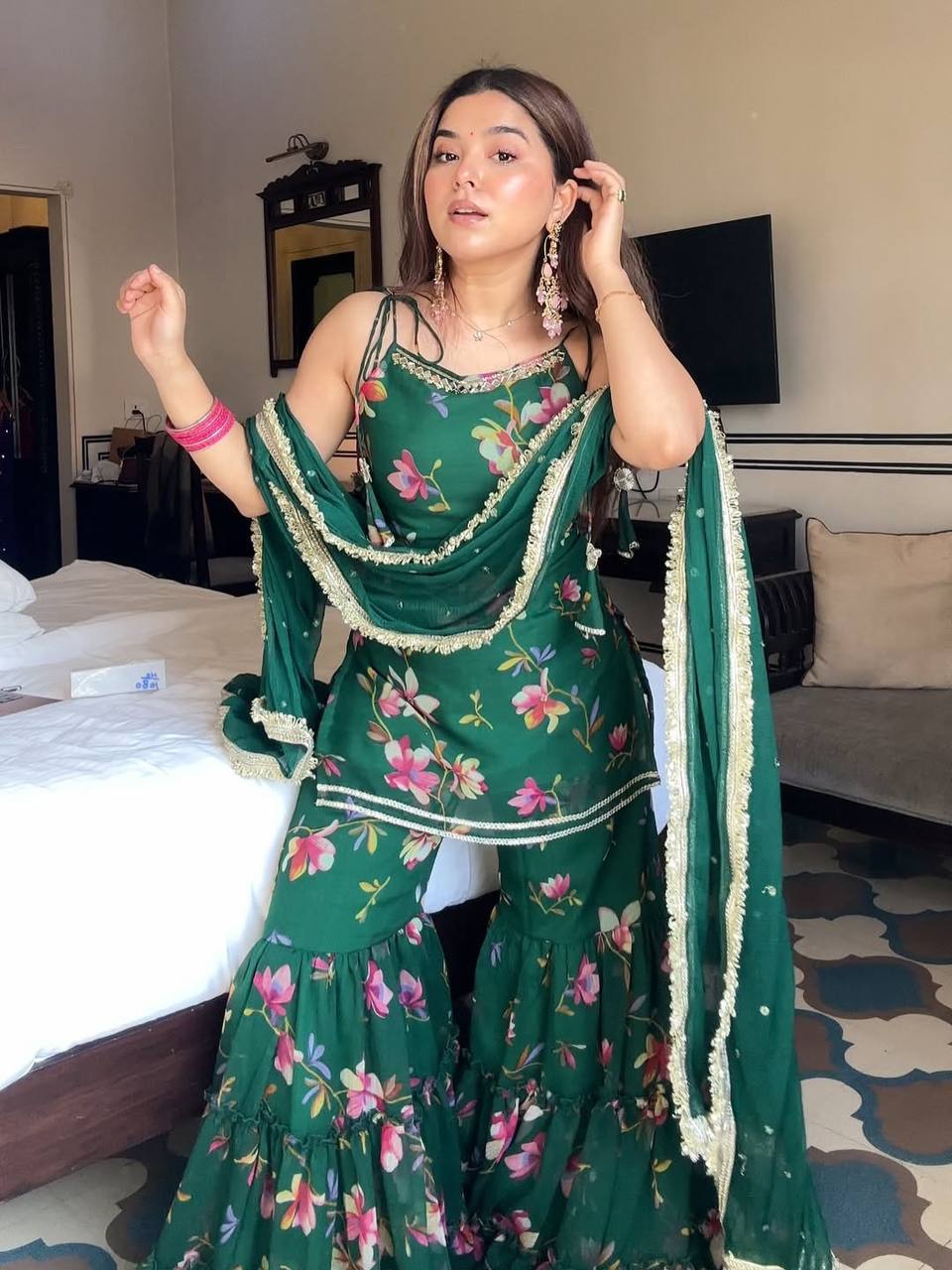 Emerald Bloom Floral Printed Faux Georgette Sharara Set with Dupatta – Festive & Party Wear for Women