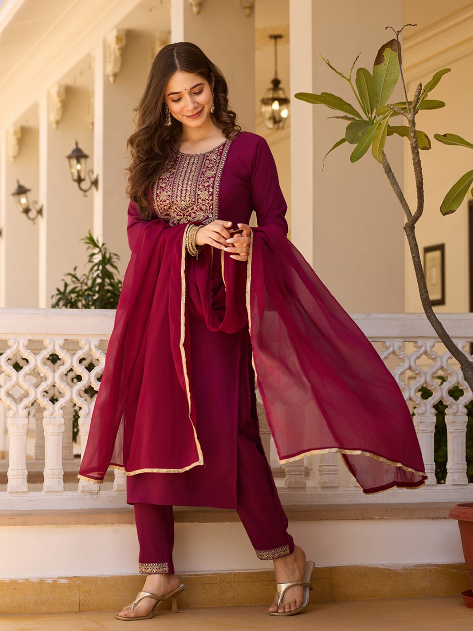 Maroon Embroidered Kurta Set with Floral Printed Dupatta