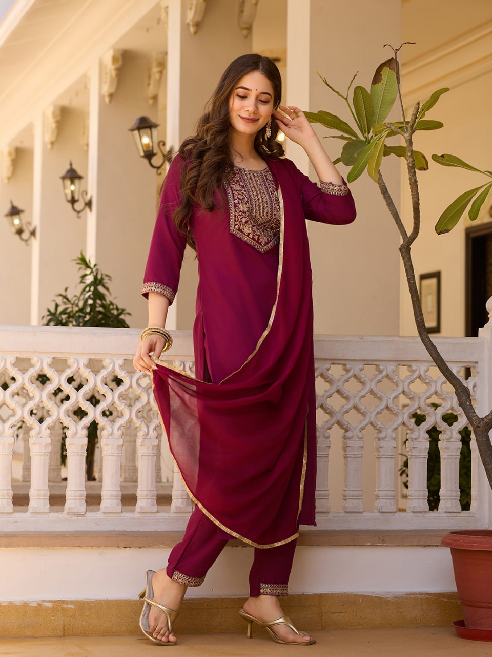 Maroon Embroidered Kurta Set with Floral Printed Dupatta