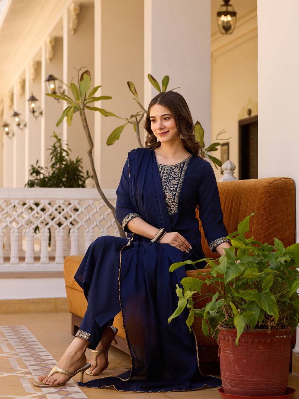 Blue Embroidered Kurta Set with Floral Printed Dupatta