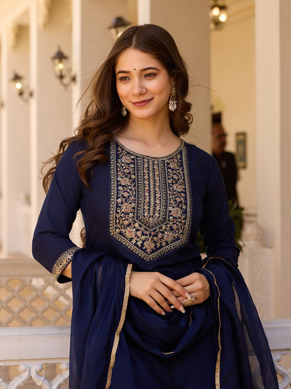 Blue Embroidered Kurta Set with Floral Printed Dupatta