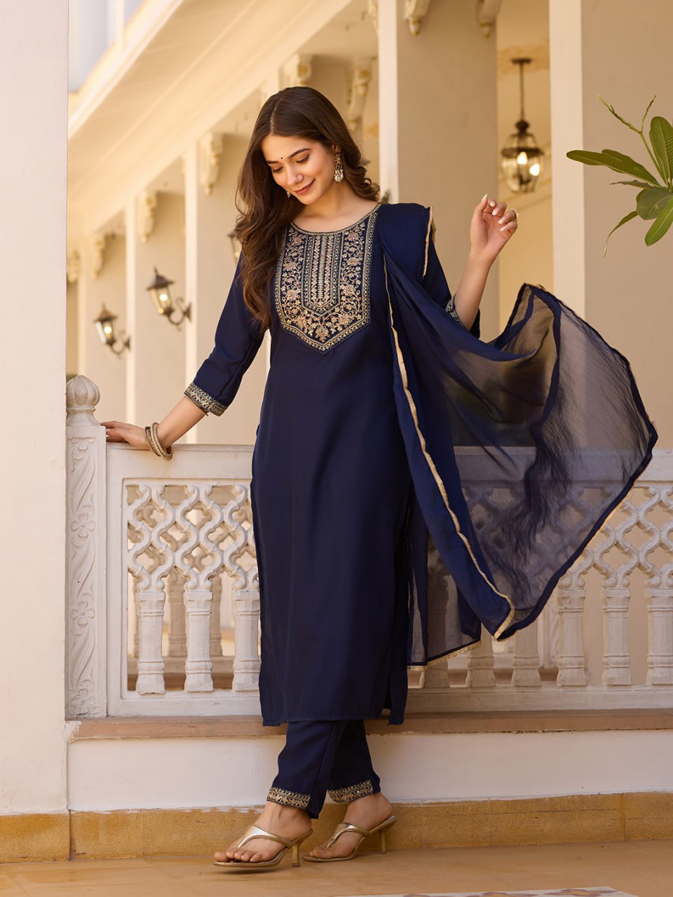 Blue Embroidered Kurta Set with Floral Printed Dupatta