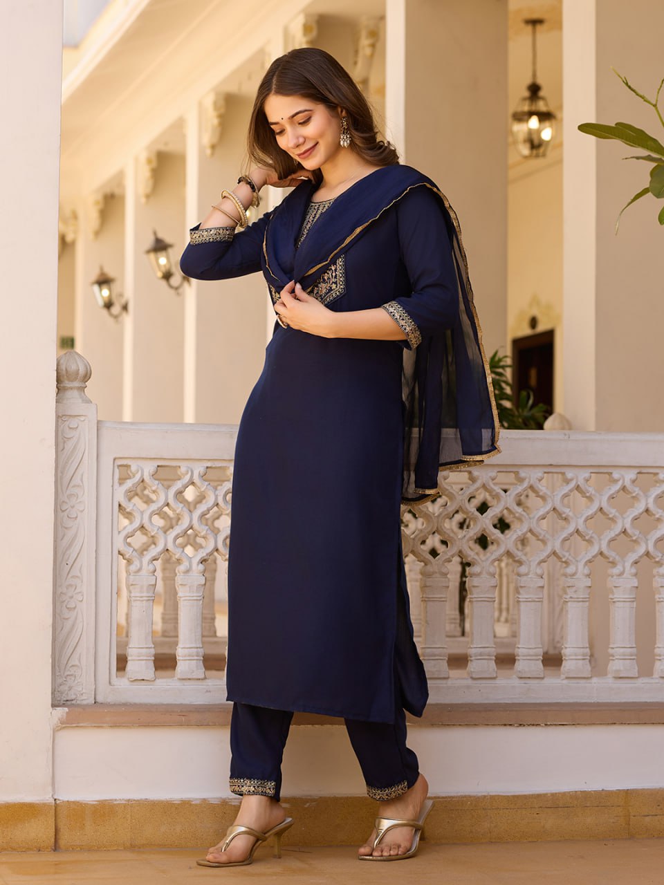 Blue Embroidered Kurta Set with Floral Printed Dupatta