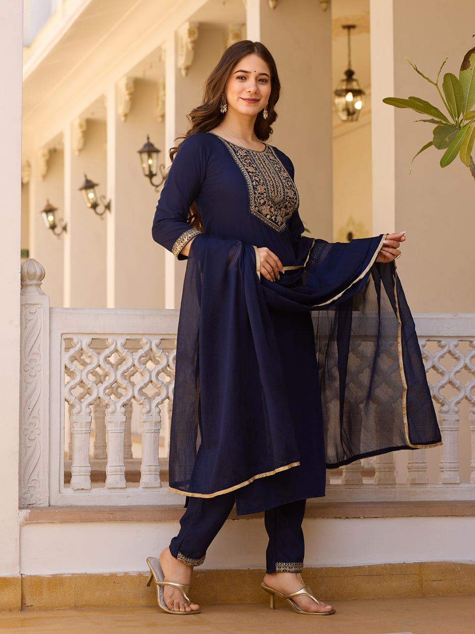 Blue Embroidered Kurta Set with Floral Printed Dupatta