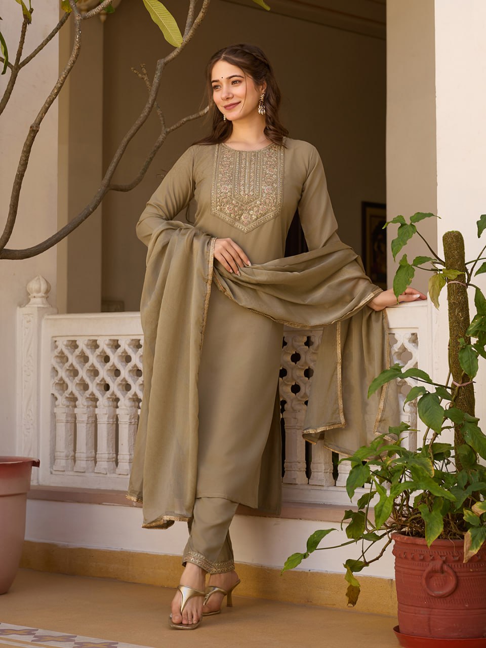 Brown Embroidered Kurta Set with Floral Printed Dupatta