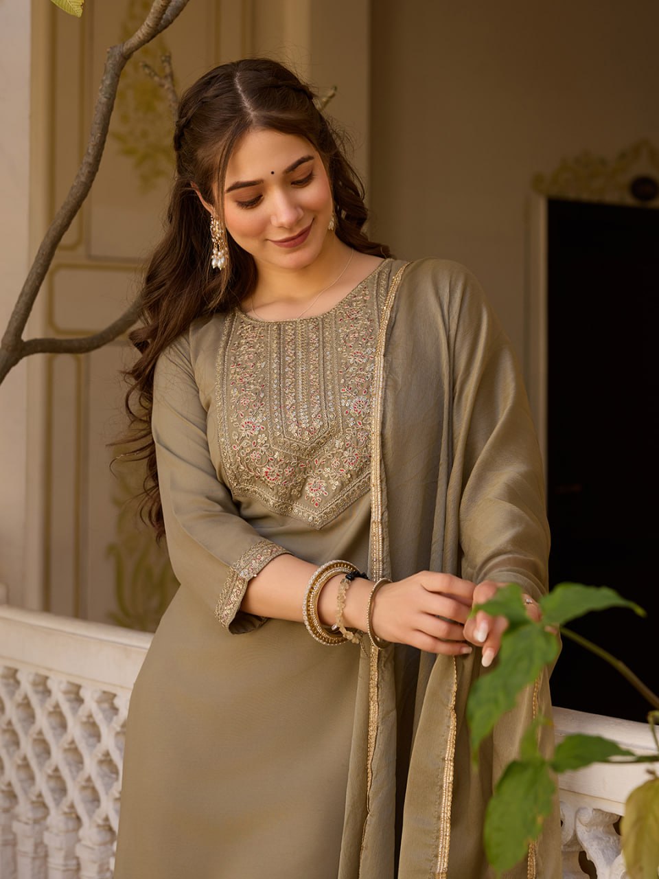 Brown Embroidered Kurta Set with Floral Printed Dupatta